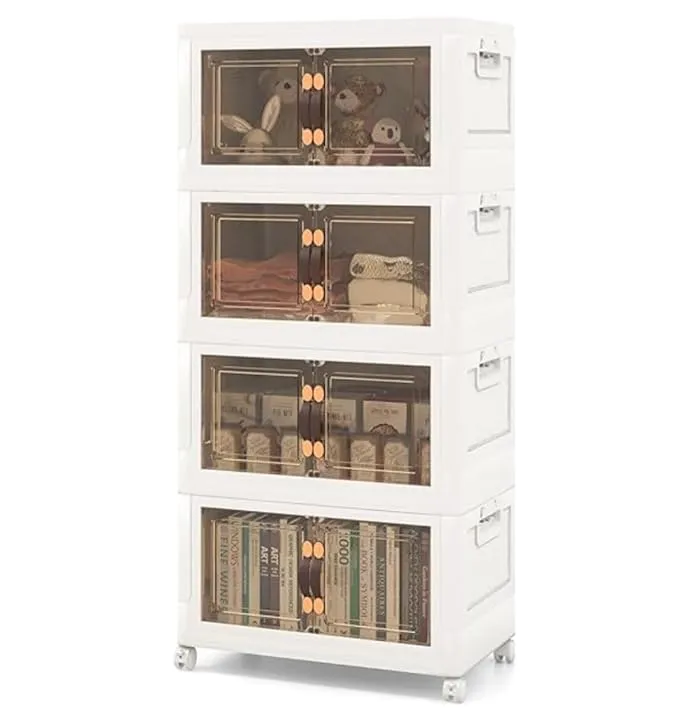 Foldable Storage Cabinet Organizer with Transparent Doors and Wheels